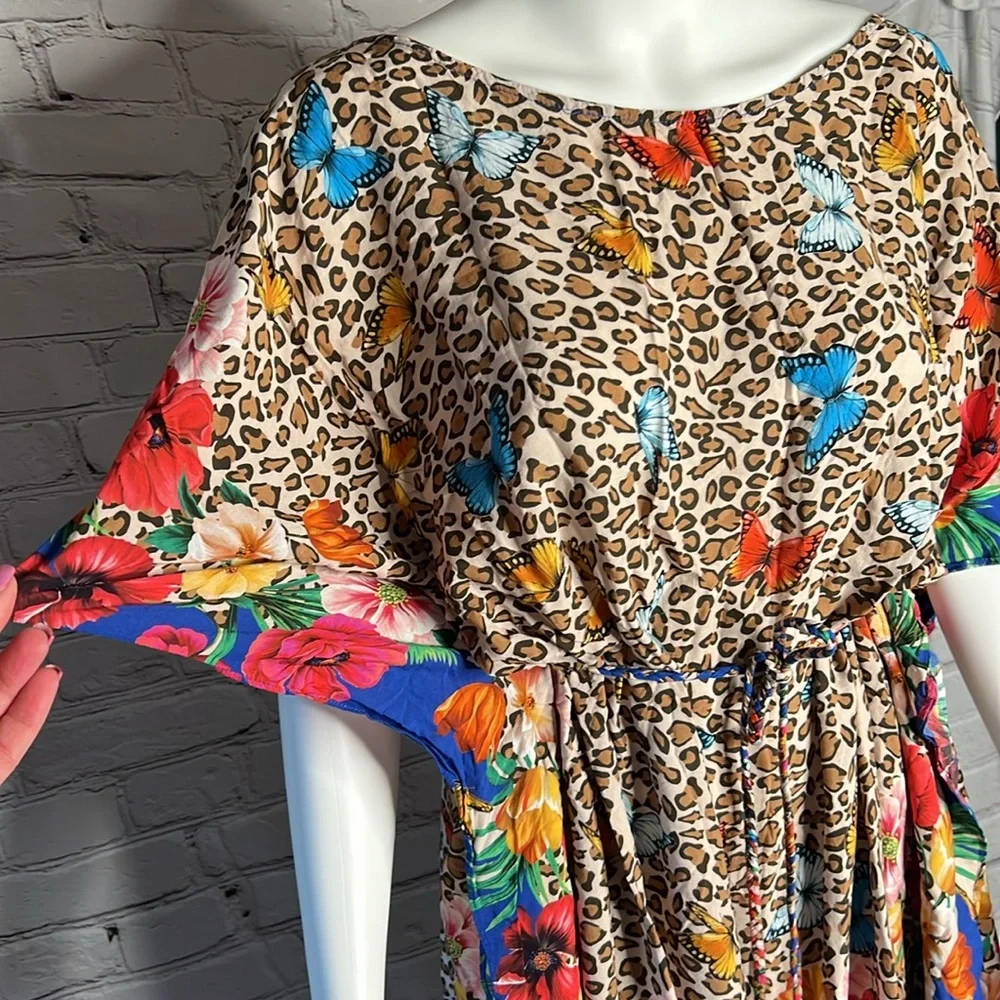Johnny Was Fleur Kaftan Dress cover up with Braided Tie Large butterfly leopard - Picture 2 of 10